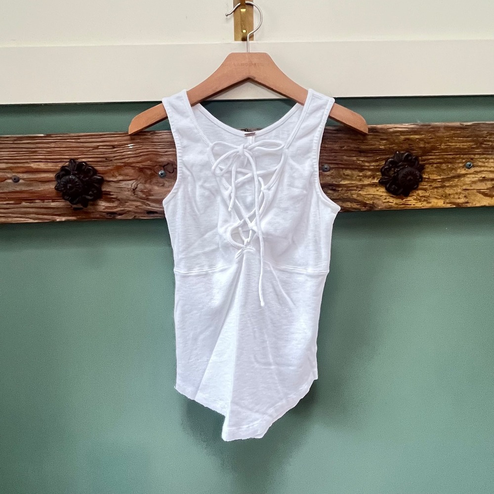 Free People White Lace Up Ribbed Tank Top‎ Sleeveless V-Neck XS